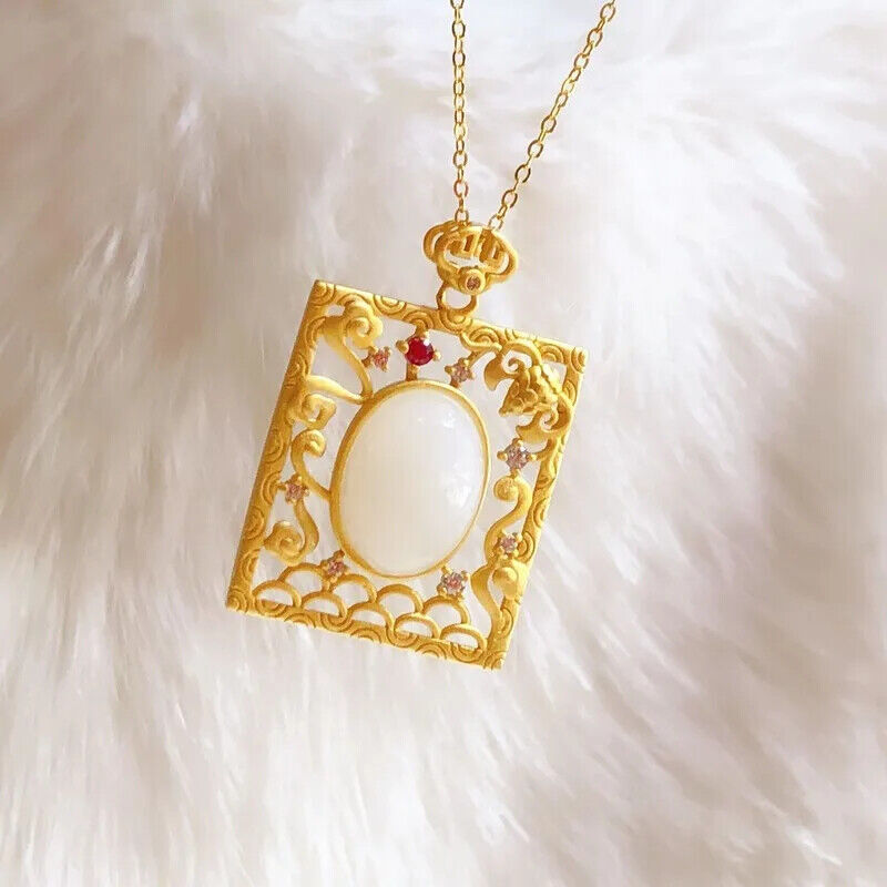 Natural Jade Pendant Necklace 18K Gold Plated Real Jewelry Vintage Amulet