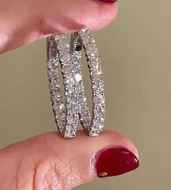 1.20 CTW Round Cut D/VVS1 Moissanite Hoop Wedding Earrings 14K White Gold Plated