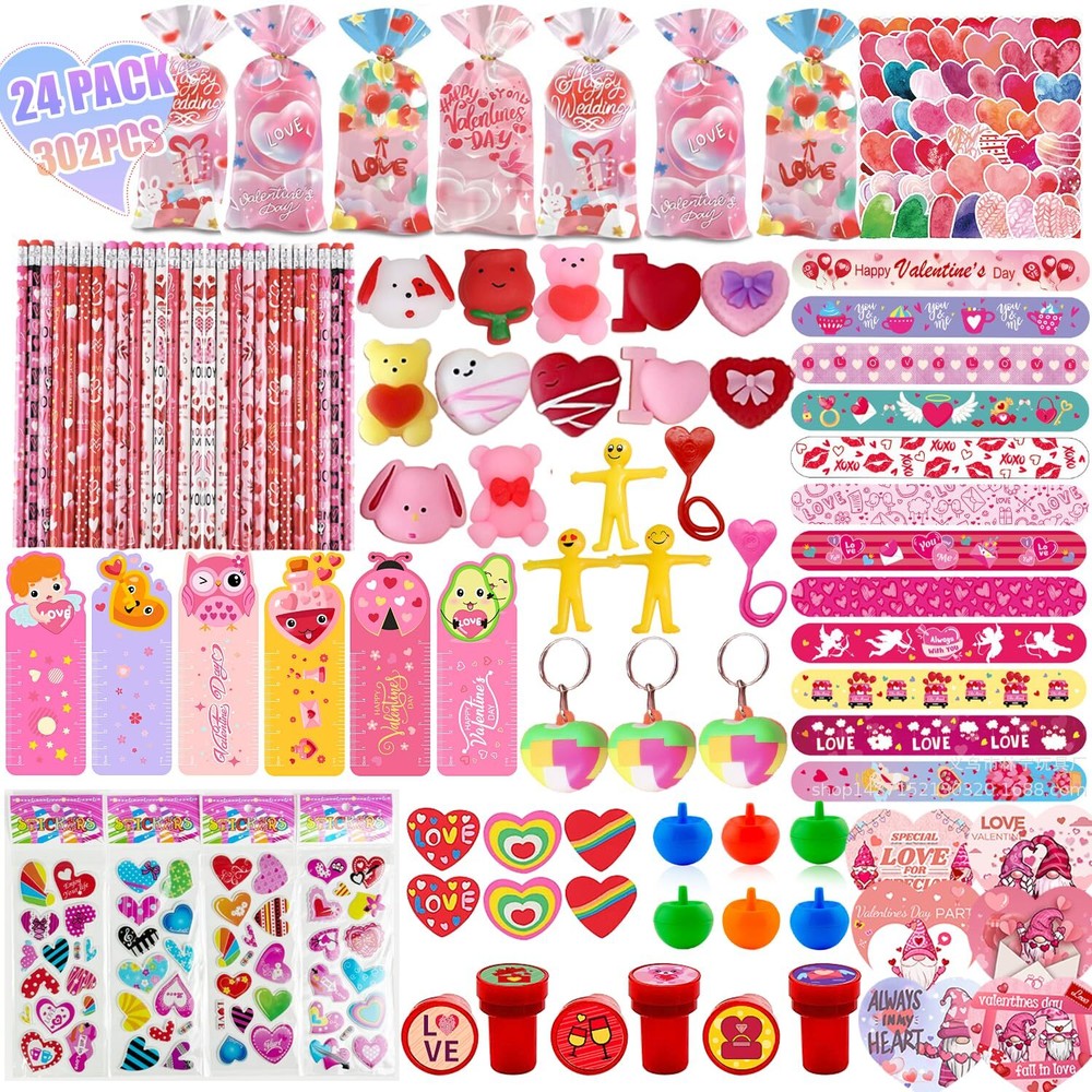 302PCS Valentines Day Gifts for Kids, 24 Pack Goodie Bags Bulk Toys with Card...