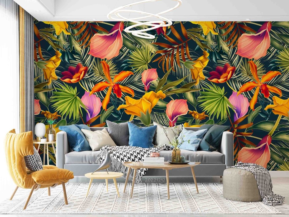 3D Tropical Pink Floral Green Leaves Wall Murals Wallpaper Murals Wall Sticker