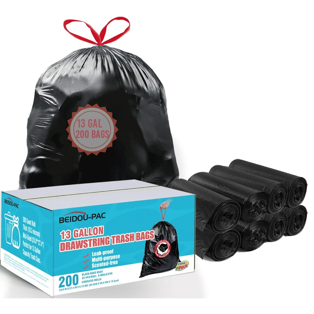 Tall Kitchen Drawstring Trash Bags 13 Gallon, 200 Count