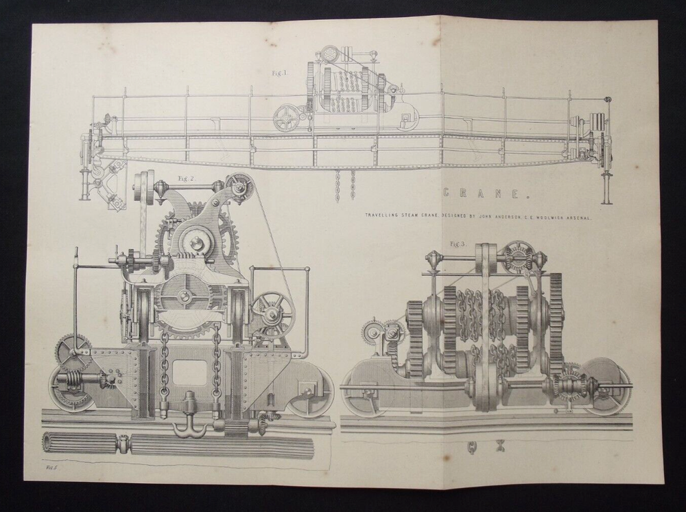 Antique 1880 Steam Crane Print from National Encyclopedia Illustration  