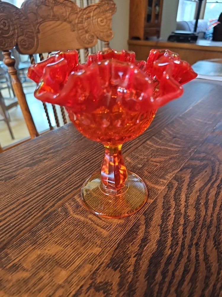 Fenton Orange Amberina Ruffled Art Glass Pedestal Compote Candy Dish 6