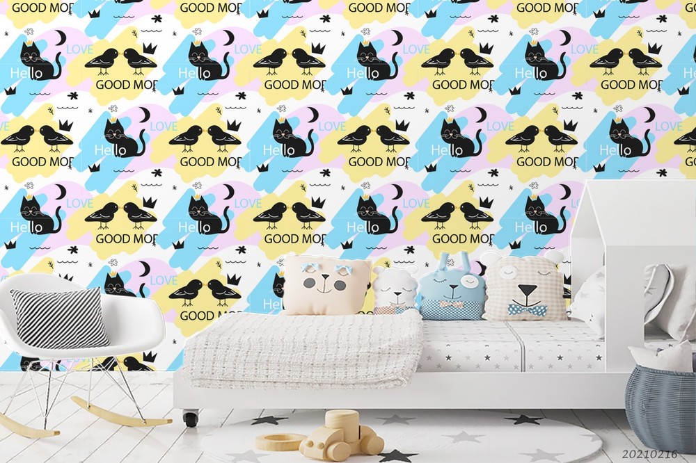 3D Black Cat Bird Text Pattern Wall Murals Wallpaper Murals Wall Sticker