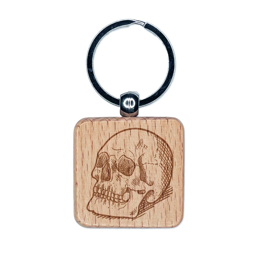 Realistic Human Skull Engraved Wooden Keychain Charm Tag  