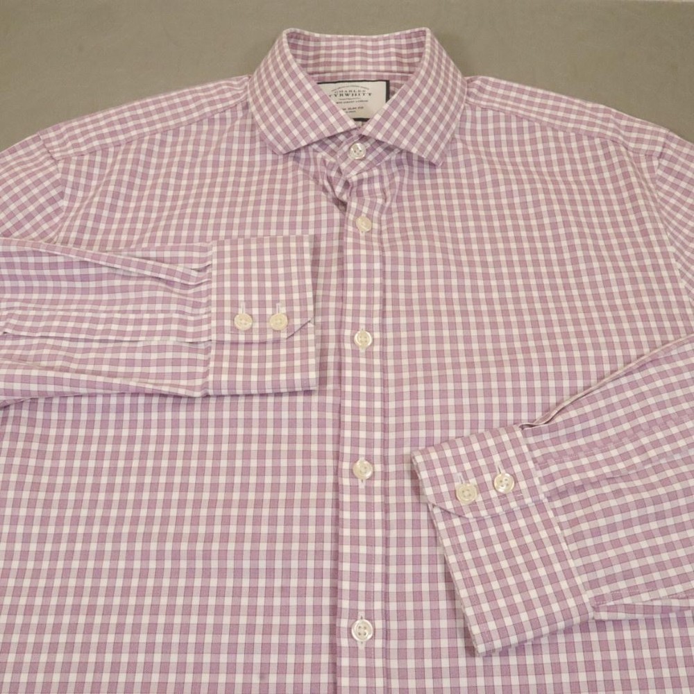 Charles Tyrwhitt Dress Shirt Mens 16.5 34/35 Large Purple Gingham Check Slim