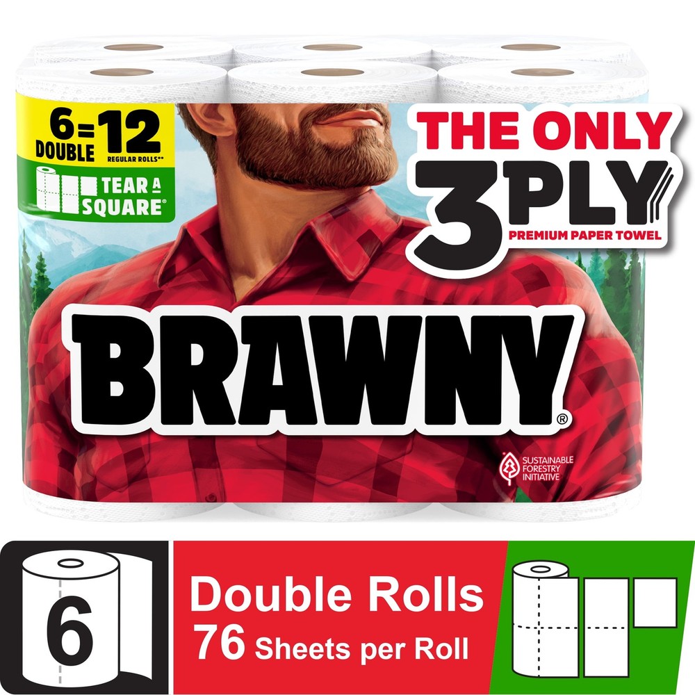 Brawny Tear-a-Square 3-Ply Paper Towels, 6 Double Rolls