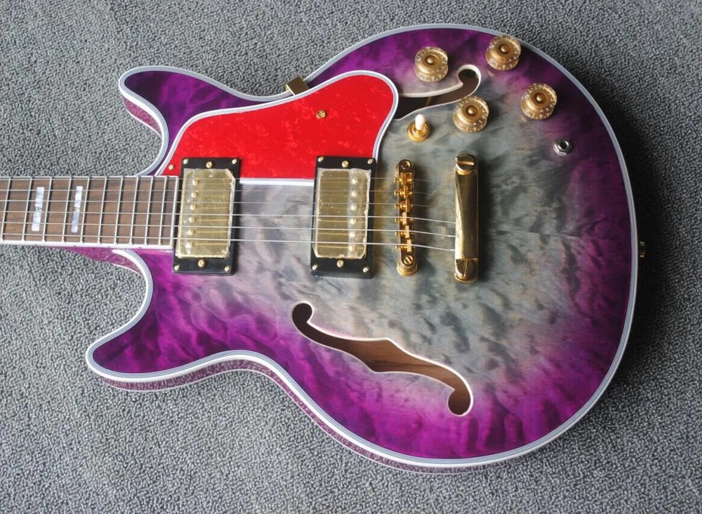 Custom Semi Hollow Body Purple Grey Jazz Electric Guitar Double F Holes, Quilted