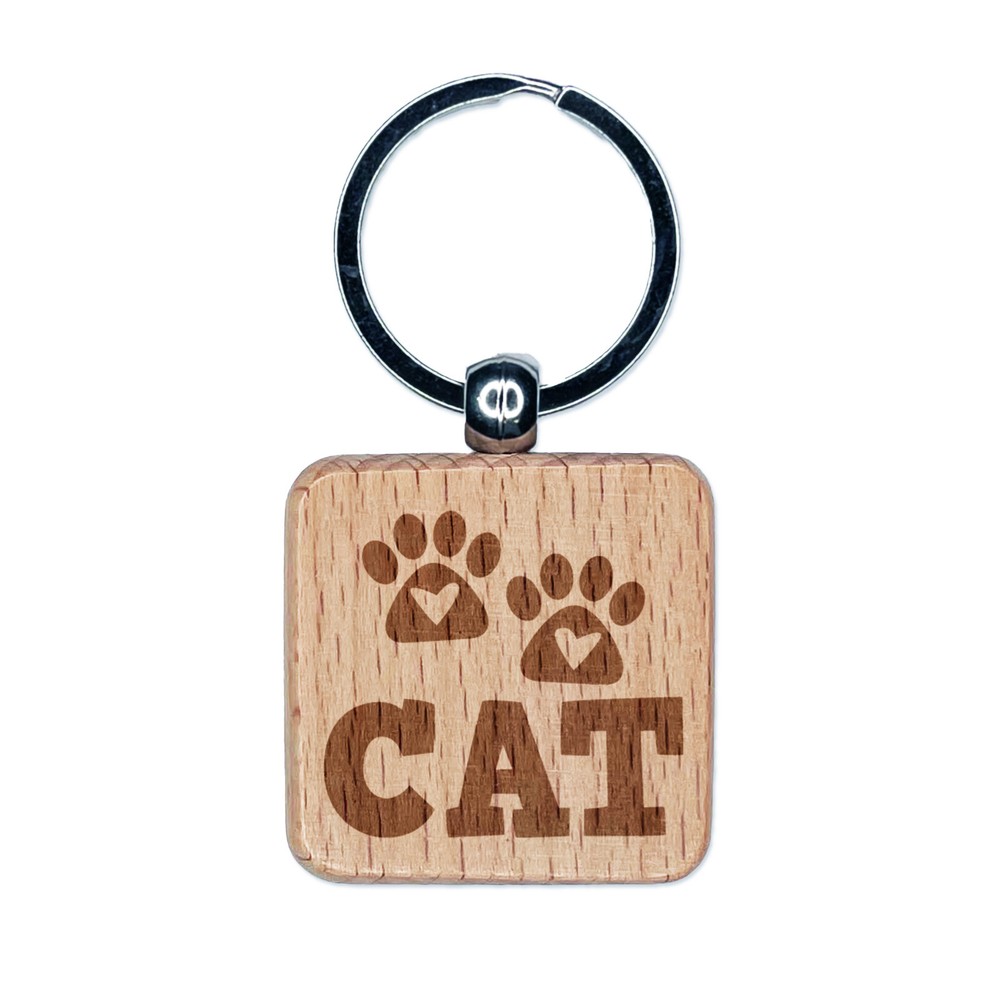 Maullido Pata de Gato Impresiones Corazones Amor Diversión Texto Grabado Madera Cuadrado Llavero Etiqueta Dije