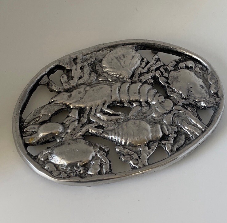 Lobster Crab Shell Silver Metal Trivet Ocean Decor 7.5x5.5 Inches