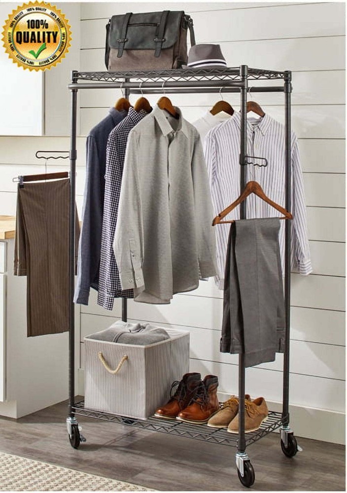 Double Hanging Rolling Garment Rack with 2 Shelves, Adjustable Rods & Fold-out Arms-image