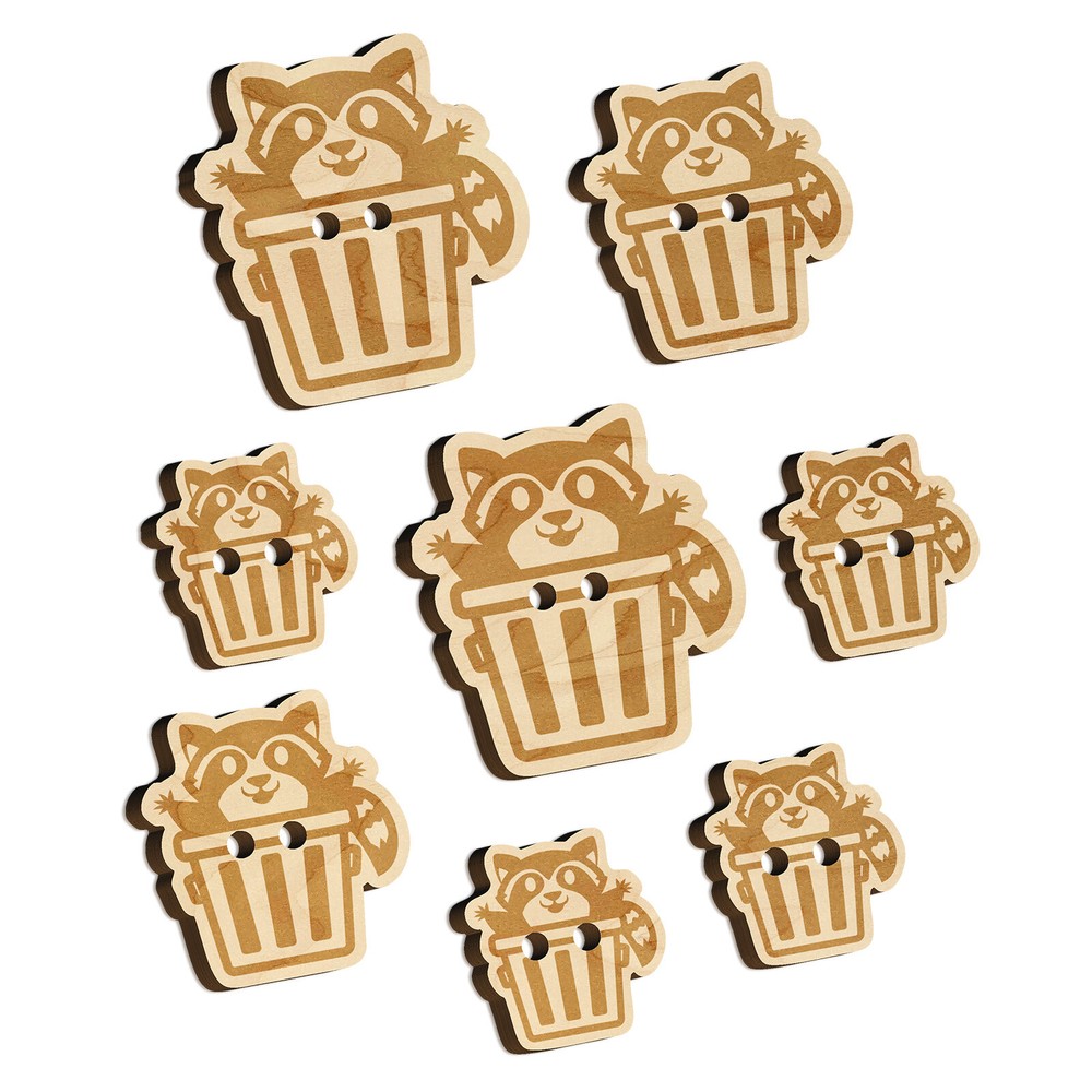 Lively Raccoon in Trash Can Wood Buttons for Sewing Knitting Crochet DIY Craft