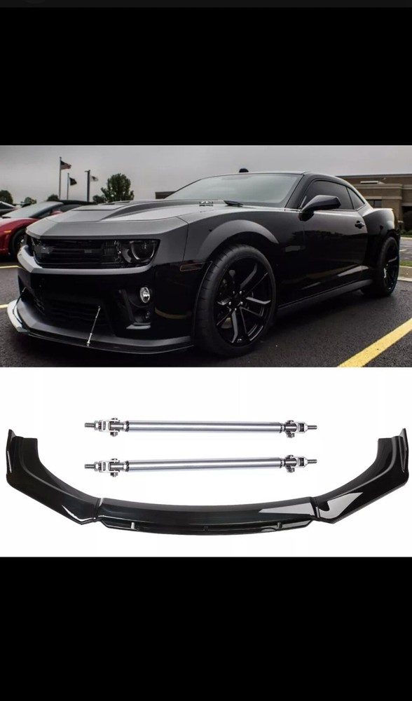 Gloss Black Front Bumper Lip Splitter Spoiler Kit with Strut Rods for Chevy Camaro  