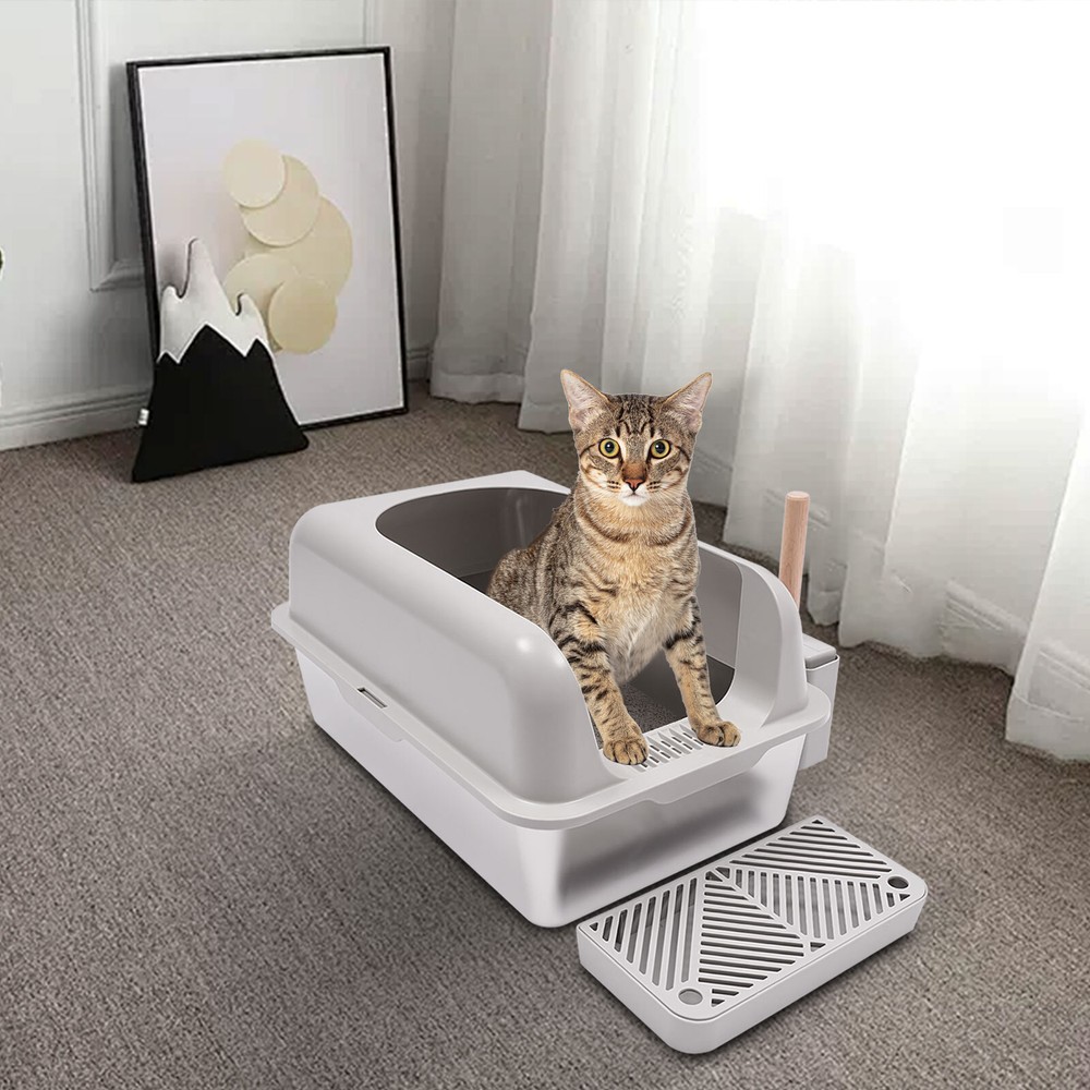 20L Stainless Steel Cat Litter Box with Guardrail & Scoop