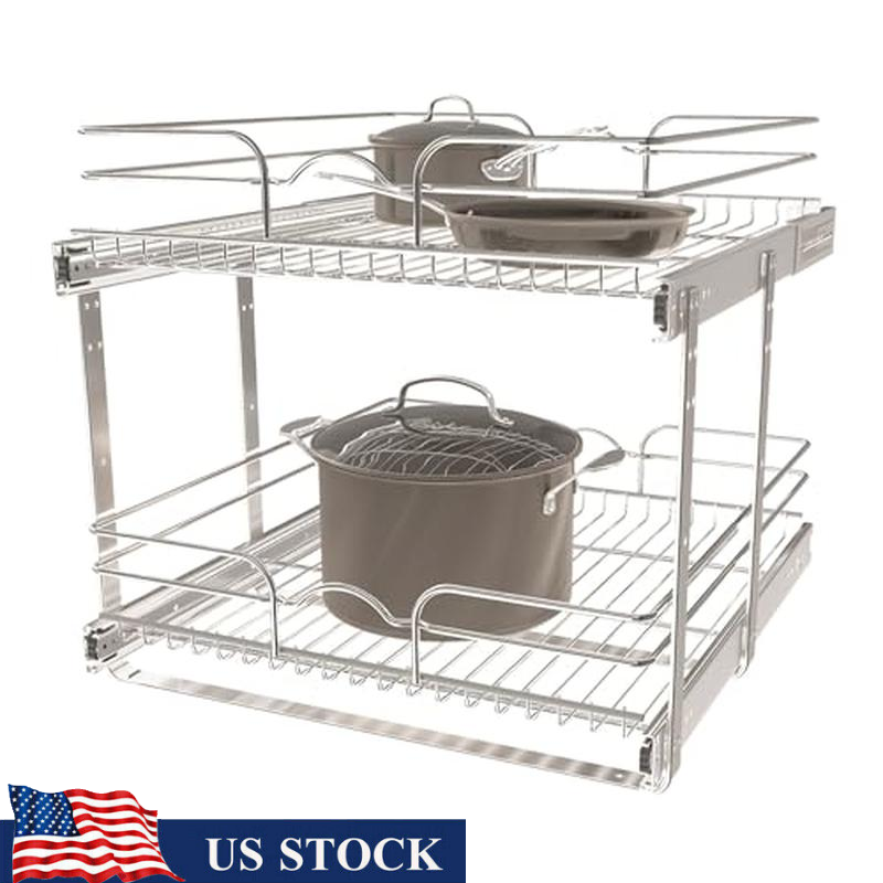 2 Tier Pull Out Shelf Organizer Kitchen Storage Slide Out Basket System New