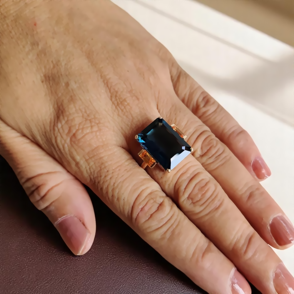 18.90 Ct Emerald Cut Natural London Blue Topaz Engagement Ring 18k Gold