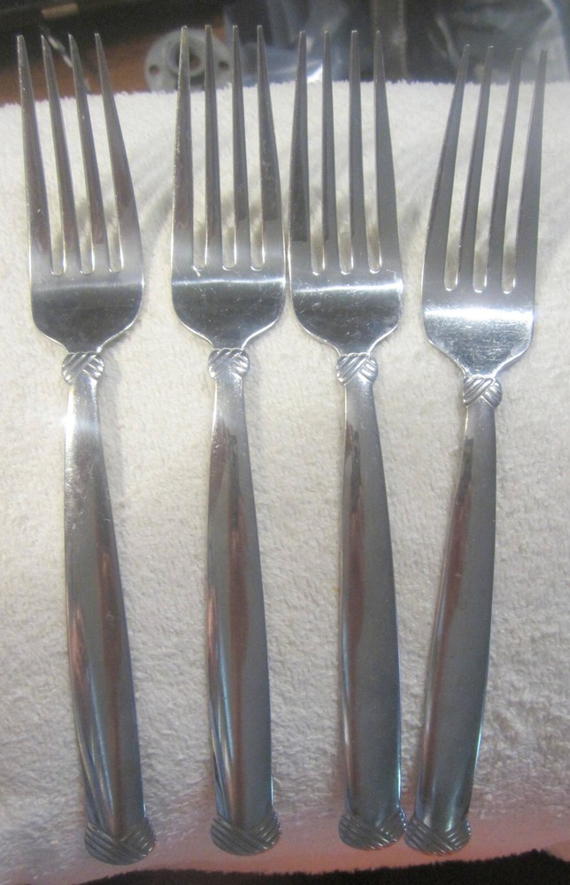 4 set,lot of  SATIN RATTAN pattern stainless dinner forks Oneida USA VTG