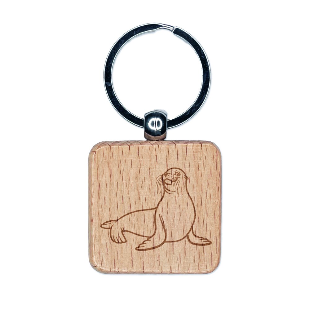 Sea Lion Engraved Wood Keychain Charm with Stylish Square Design  
