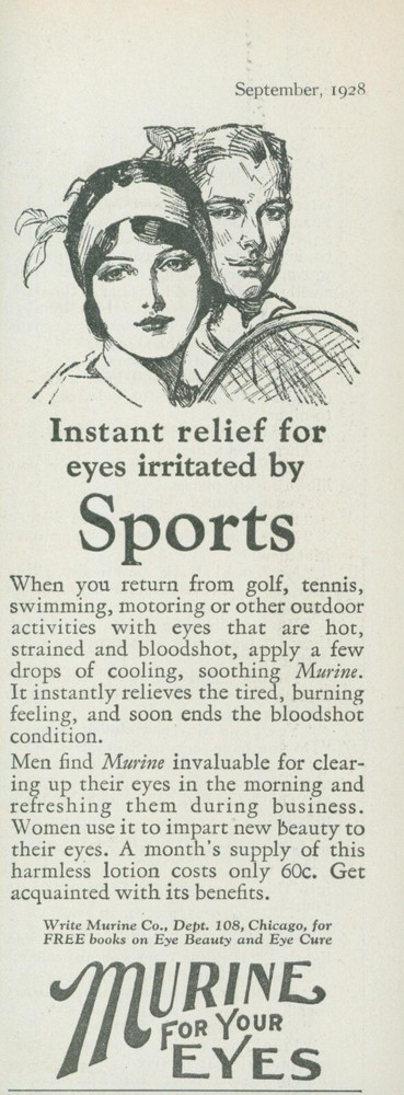 1928 Murine Eye Drops Tennis Players Racket Sports Irritated Vtg Print Ad PR2