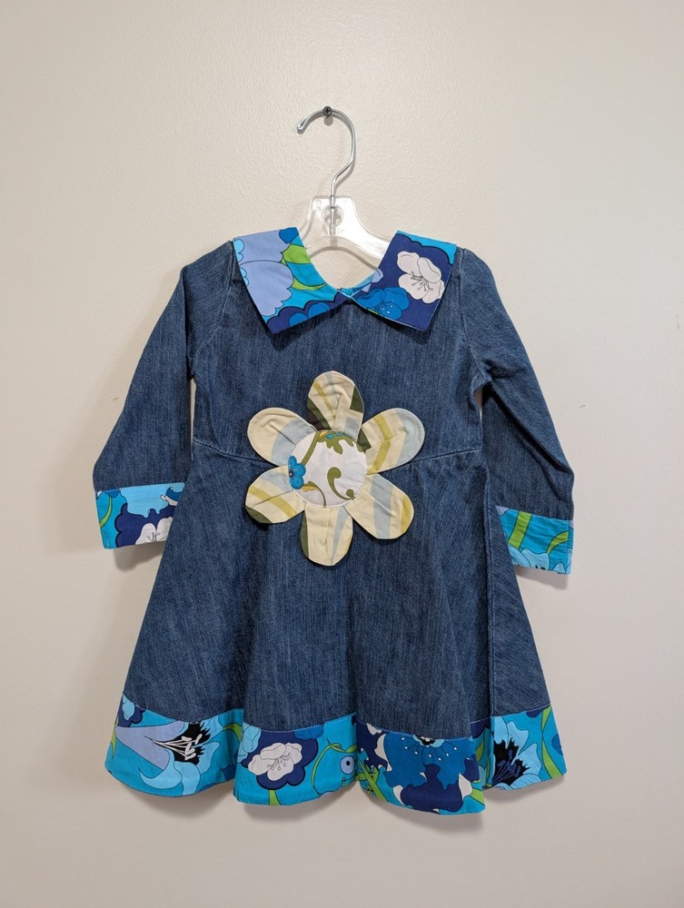 NWT Baby Girl Size 12 Months Denim Dress With Pieced Floral Fabric Details