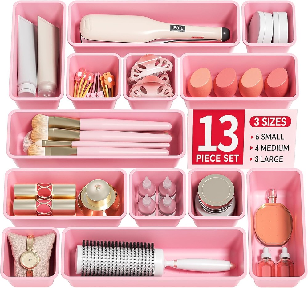 13 Pack Plastic Drawer Organizers Set Pink 3 Sizes