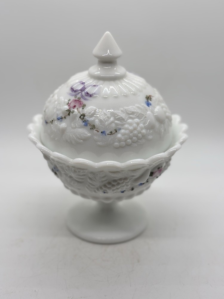 Vintage Westmoreland Milk Glass Hand-Painted Floral Grapes Pedestal Dish with Lid  