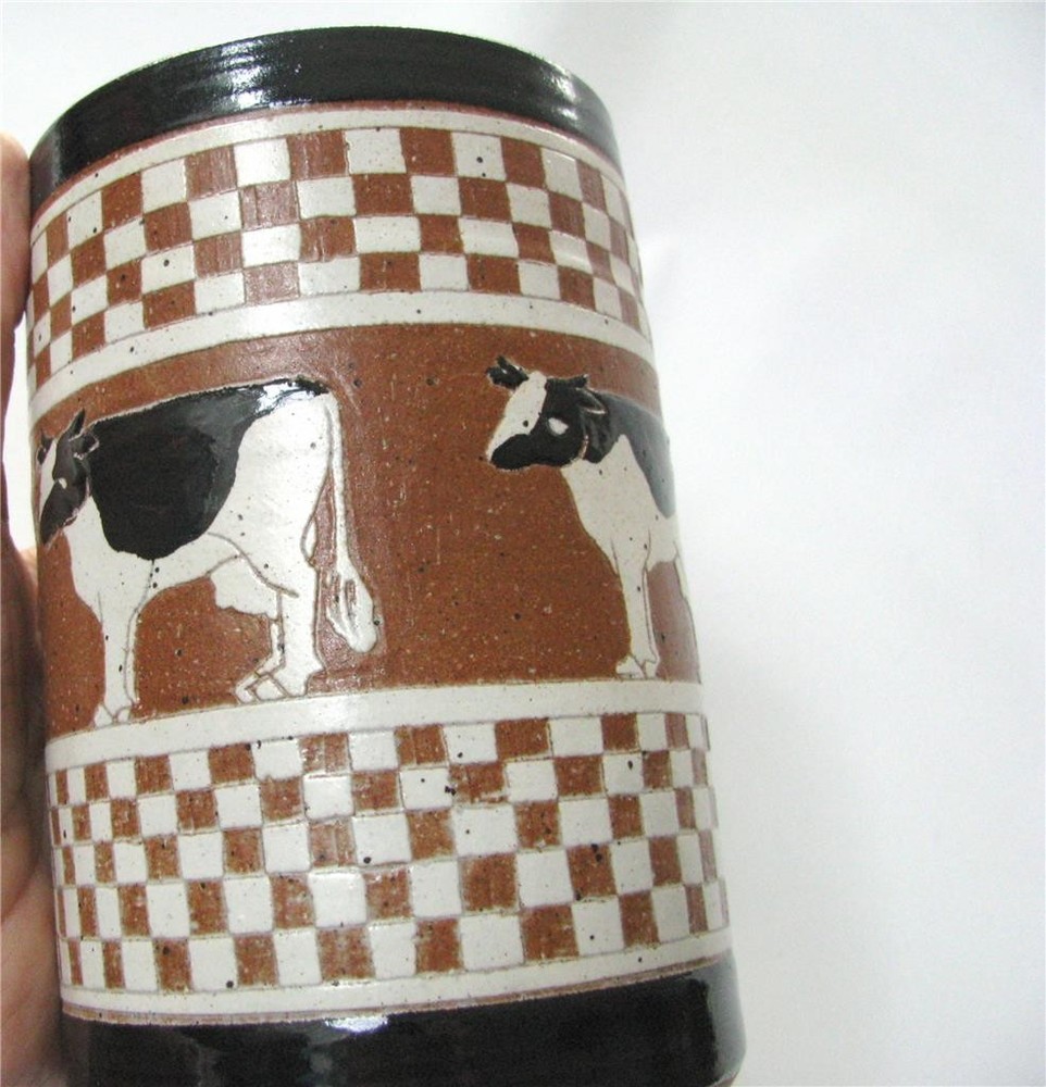 George Genszler Studio Stoneware Vase Utensil Holder with Cow Checker Design 6 Inch