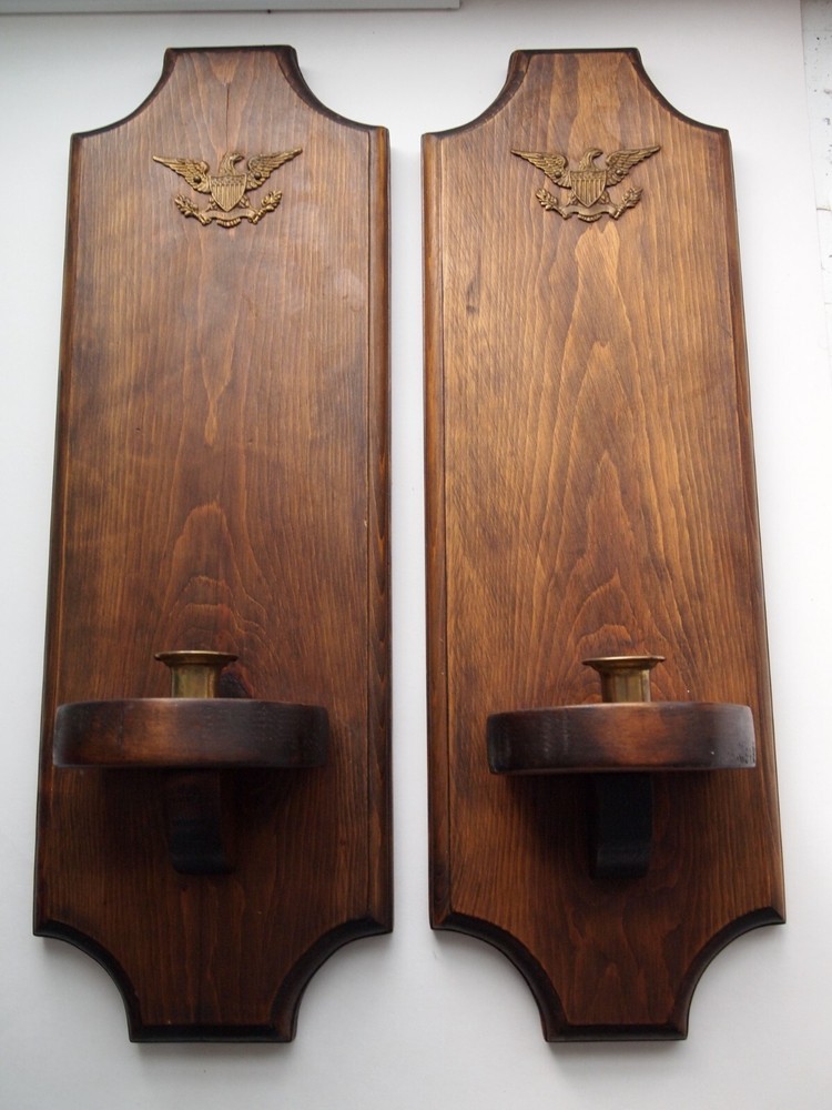 Pair of Vintage Colonial Wooden Wall Sconces w/ Eagle Candle Holders American