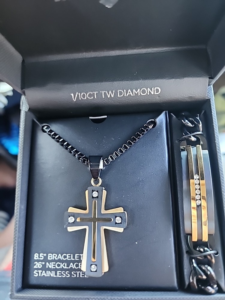 GENUINE DIAMONDS.14K G.P.MENS SET.CROSS NECKLACE & BRACELET.STAINLESS STEEL. NEW