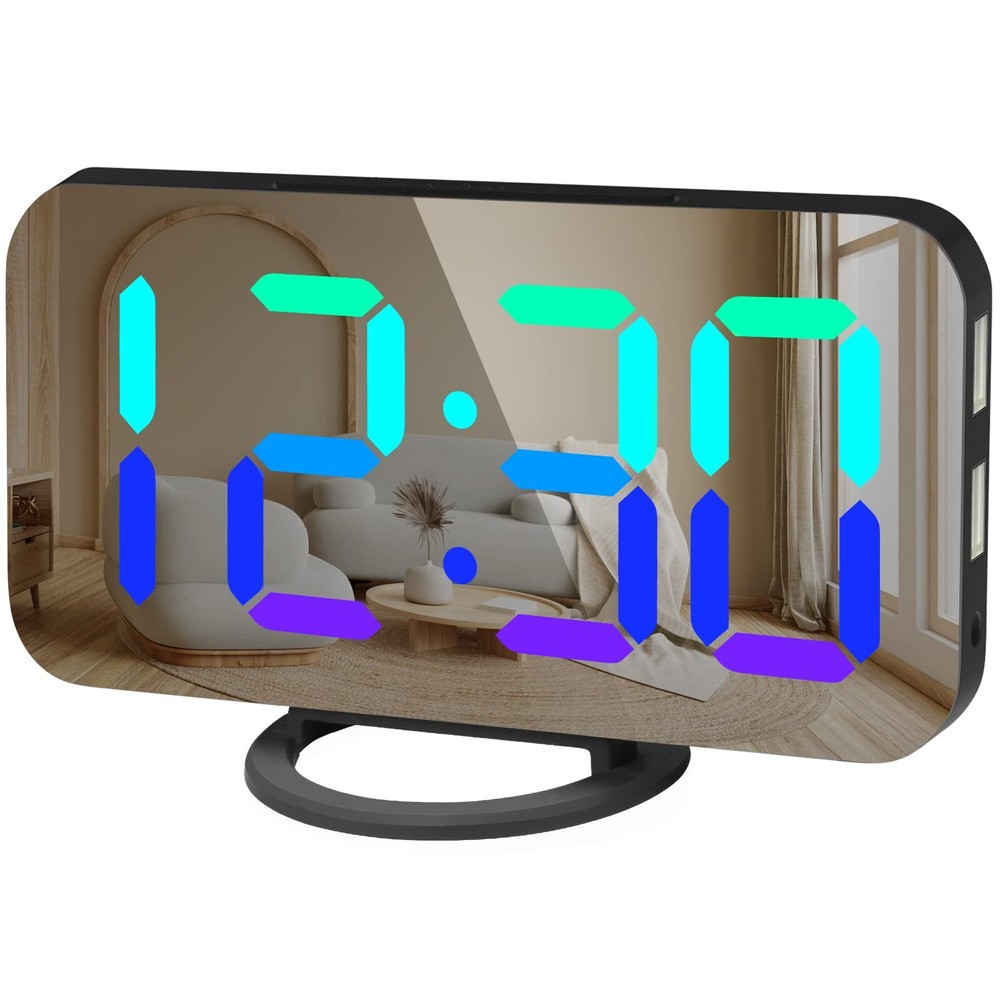 RGB Digital LED Alarm Clock with Large Mirror Display & Dual USB Ports