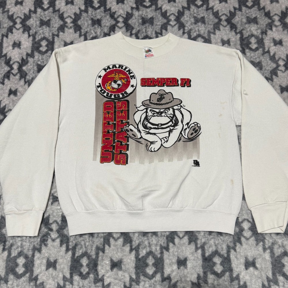 Vintage Men’s USMC Marines Bulldog Graphic Military Sweatshirt 90s Size L USA
