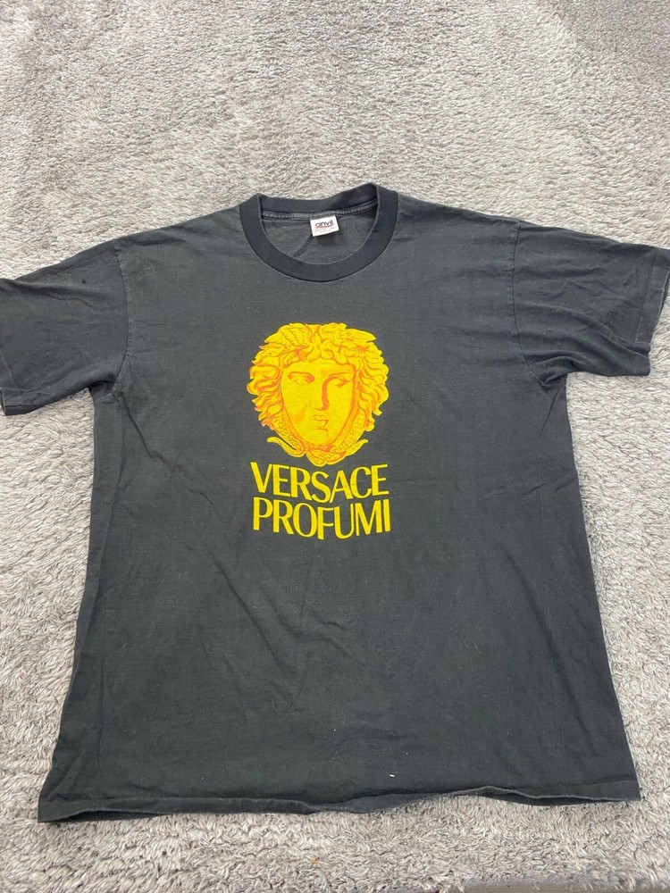 Vintage Gianni Versace Black Crewneck Shirt Men XL Single Stitch Profumi Promo USA