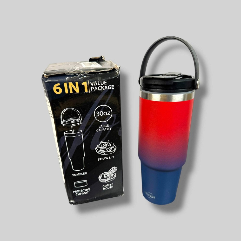 30oz Stainless Steel Tumbler with Straw Lid - Red & Blue Travel Mug - New Open Box