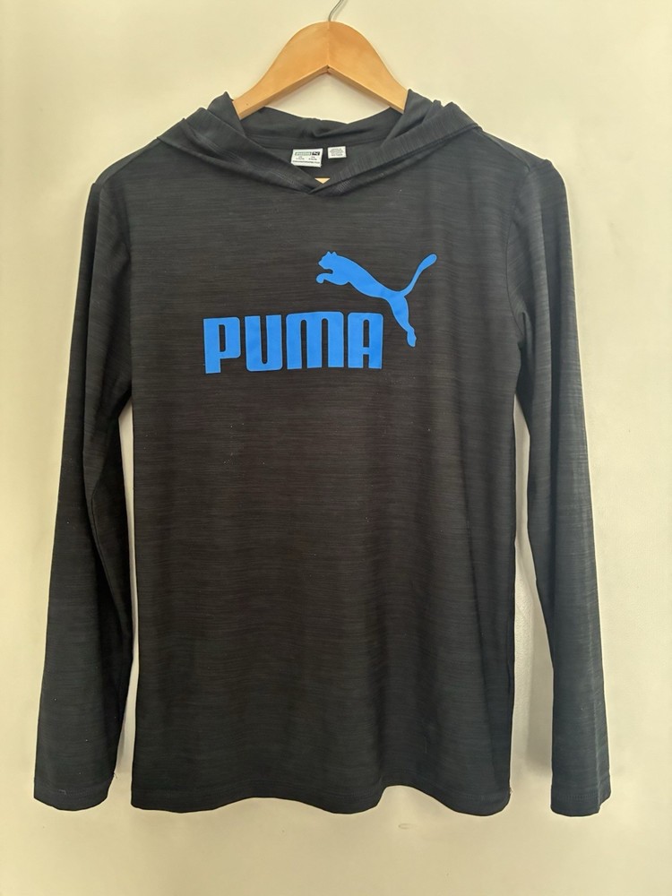Puma Kids Boys Blue Logo Marled Polyester Long Sleeve Hooded Shirt Black L 14/16