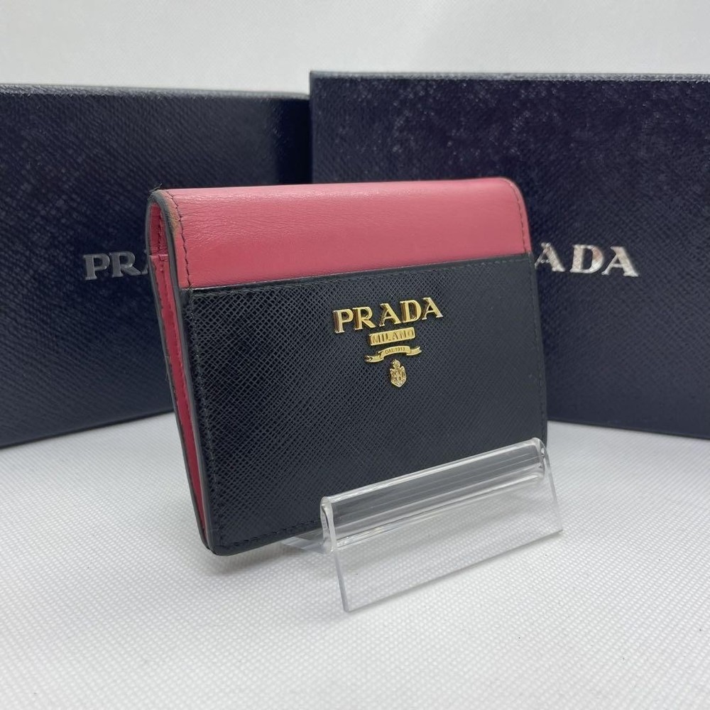 Prada Saffiano Leather Bifold Wallet with Coin Pocket Black Bicolor Pre-Owned