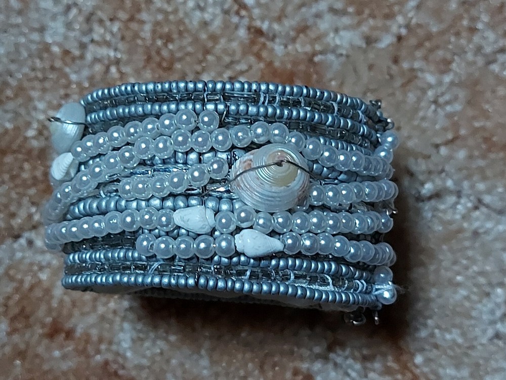 Beach Wedding Ivory Silver Shell Cuff Bracelet Handmade OoAK Flash Sale-image
