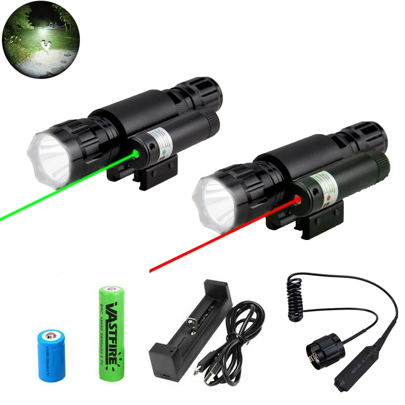 Tactical 800Yards LED Flashlight + Red/Green Dot Laser Sight For 20mm Rail Mount