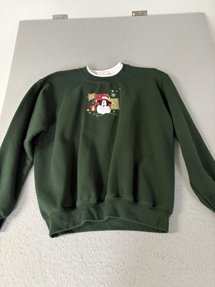 Top Stitch By Morning Sun Sweatshirt Womens Large Green Christmas Snowman Cute