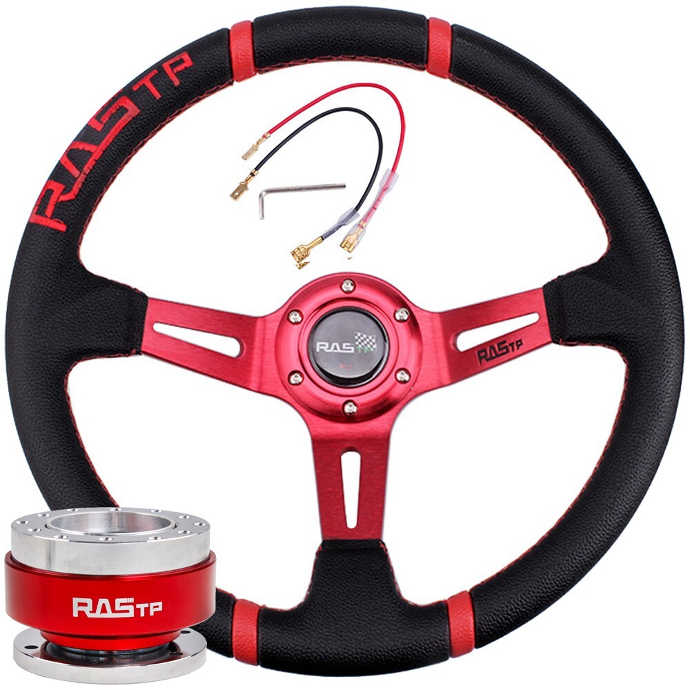 14INCH Aluminum & PVC Drifting JDM Racing Steering Wheel+Quick Release Kit Red