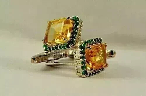4Ct Princess Lab-Created Citrine Emerald Men's Cufflinks in 14K Gold Plated