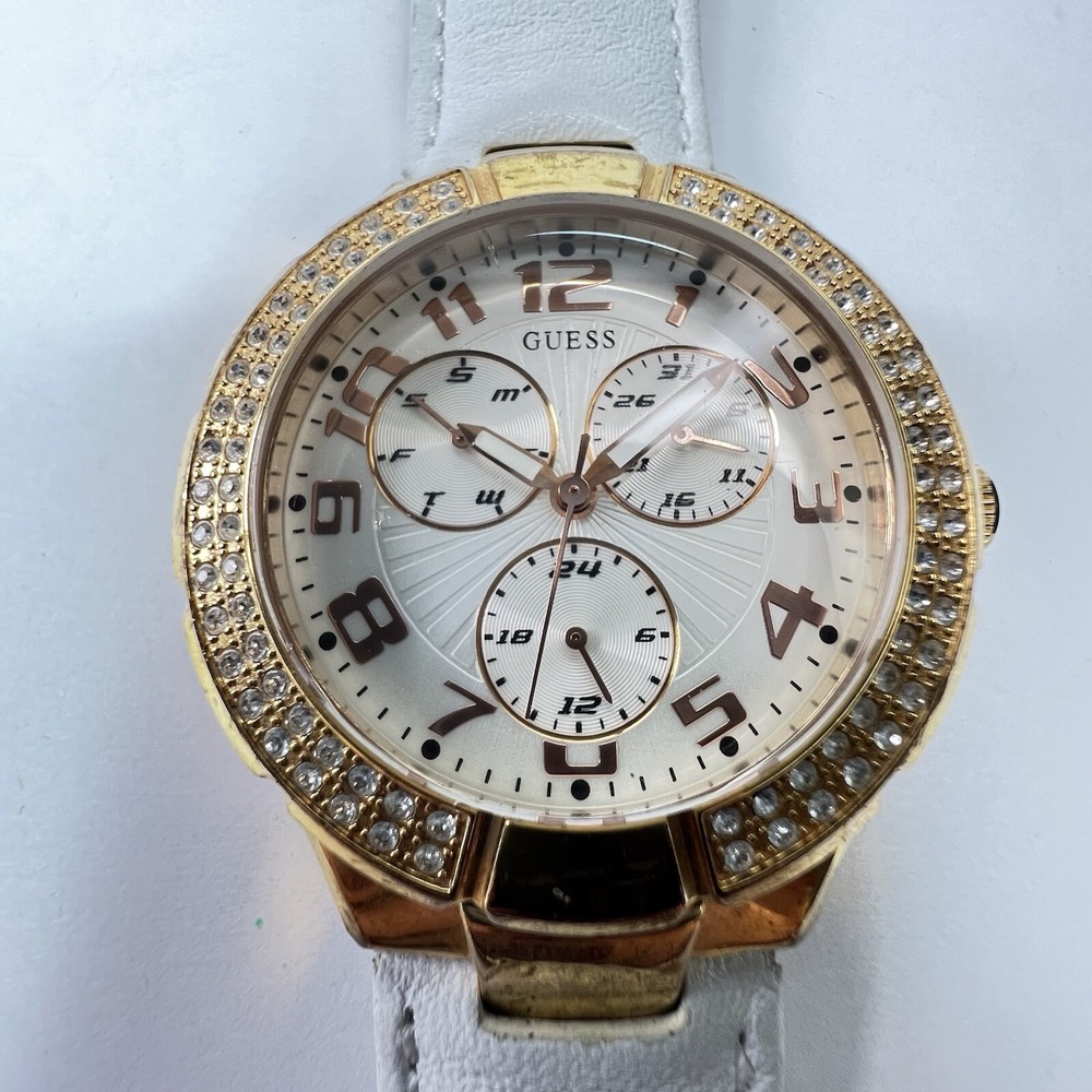 Guess Chronograph Watch with Crystals & White Leather Band