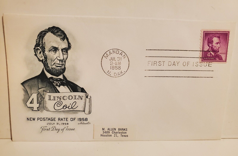 FIRST DAY COVER FDC ABRAHAM LINCOLN COIL NEW PRICE MANDAN ND ENVELOPE STAMP 1958-image