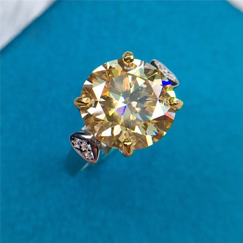 5 Carat Round Cut Yellow Moissanite 4 Prong Pinched Heart Edge Shank 18K Ring