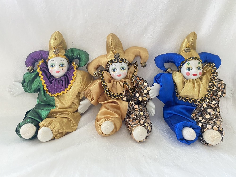 Vintage Harlequin Porcelain Clown Doll 3-Piece Collectible Set with Flexible Limbs