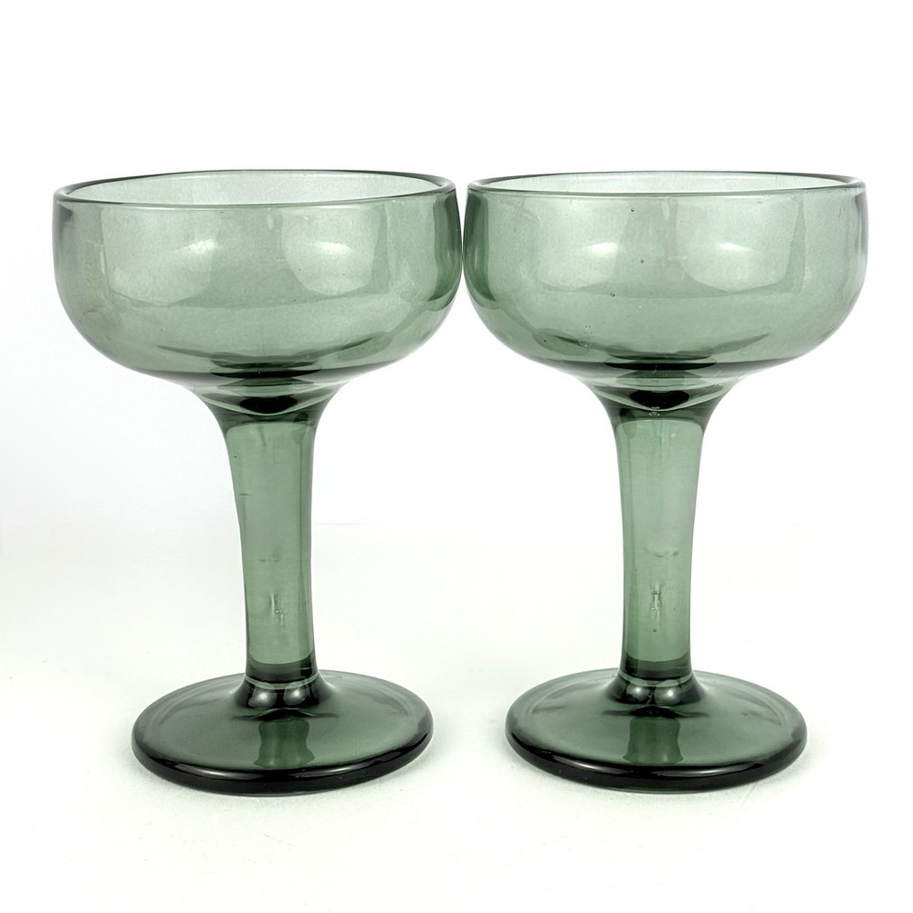 Vintage Hand Blown Avocado Green Champagne Coupe Cocktail Sherbet Glasses Set of 2