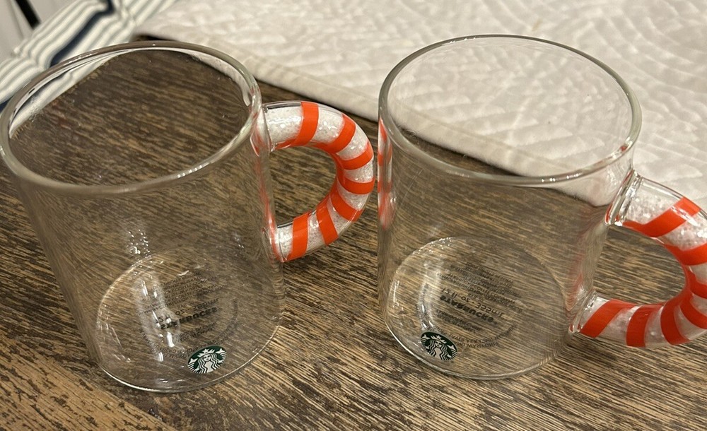 Starbucks 2020 Holiday Glitter Candy Cane Handle Glass Mug Set of 2