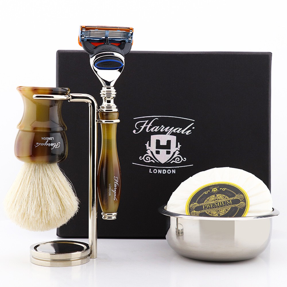 5 Piece Men's Grooming Shaving Set Badger Hair Brush & Razors Bowl Soap Stand