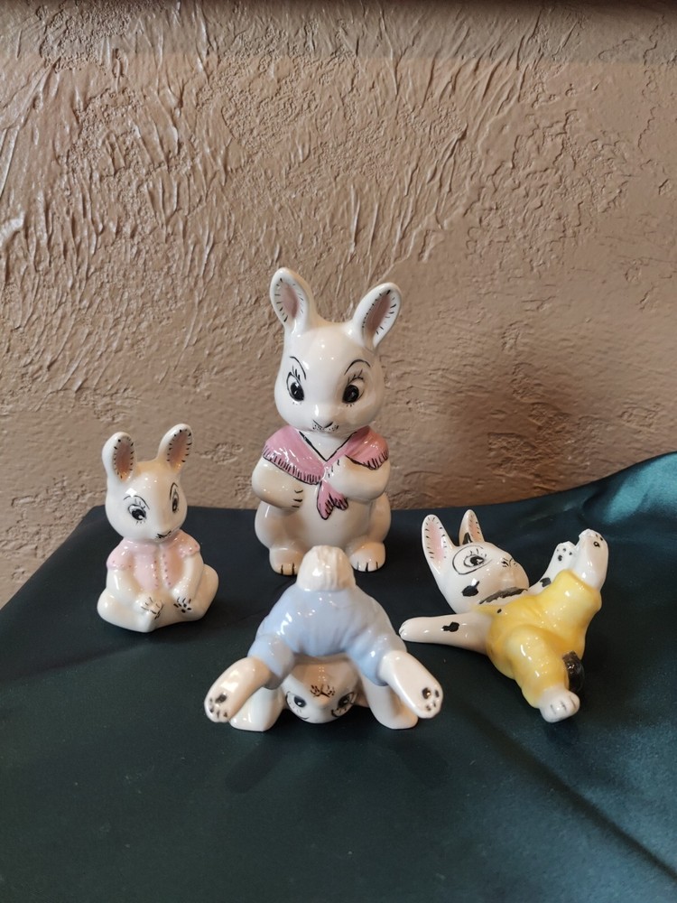 Vintage Ceramic Bunny Rabbit Family Figurine Set Mom and 3 Babies