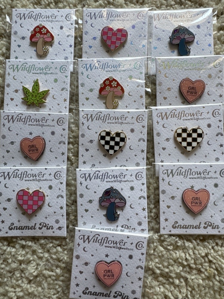 Lot of 13 Wildflower + Co. Enamel Pins – Mushrooms, Hearts, GRL PWR, Leaf – New