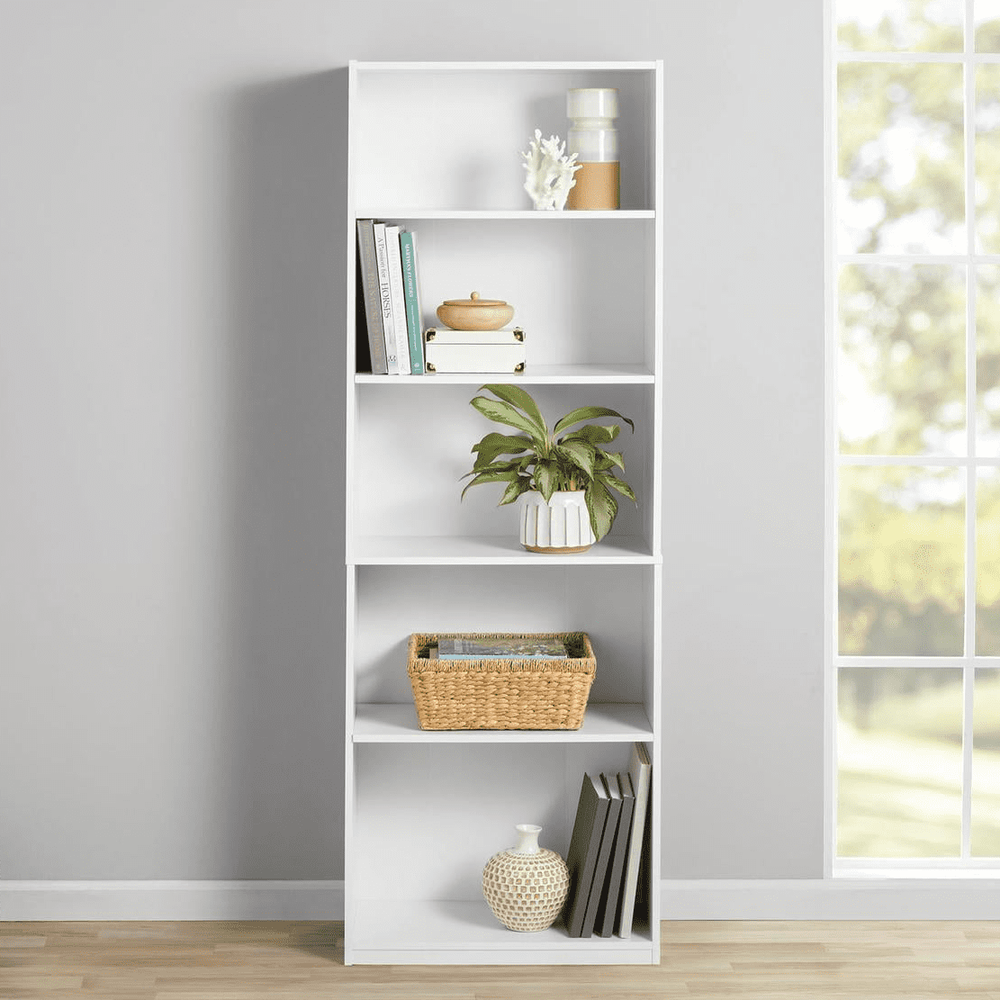 5-Shelf Bookcase with Adjustable Shelves, White